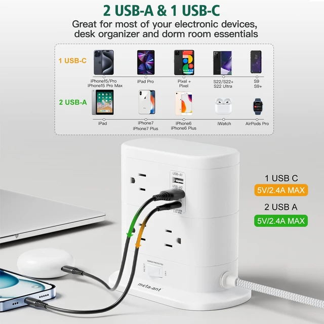 Alt view image 2 of 7 - 10 in 1 Surge Protector Power Strip Tower - 5Ft Flat Plug Extension Cord with 7 Outlets 3 USB Ports (1 USB C), Desk Power Strips with Surge Protection for Home Office Supplies Dorm Room Essentials