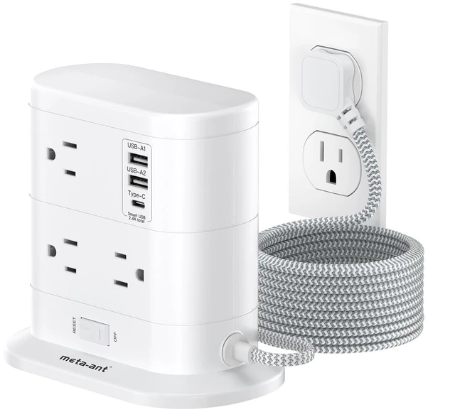 Main image of 10 in 1 Surge Protector Power Strip Tower - 5Ft Flat Plug Extension Cord with 7 Outlets 3 USB Ports (1 USB C), Desk Power Strips with Surge Protection for Home Office Supplies Dorm Room Essentials