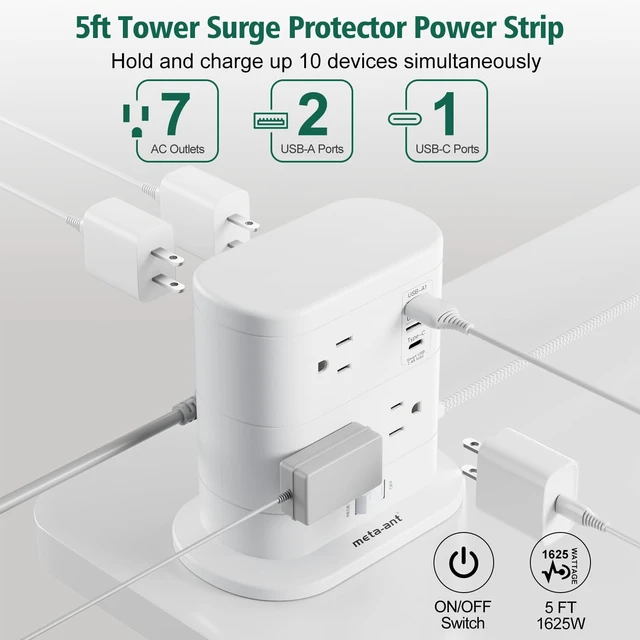 Alt view image 3 of 7 - 10 in 1 Surge Protector Power Strip Tower - 5Ft Flat Plug Extension Cord with 7 Outlets 3 USB Ports (1 USB C), Desk Power Strips with Surge Protection for Home Office Supplies Dorm Room Essentials