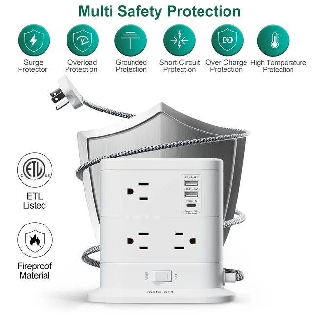 Alt view image 6 of 7 - 10 in 1 Surge Protector Power Strip Tower - 5Ft Flat Plug Extension Cord with 7 Outlets 3 USB Ports (1 USB C), Desk Power Strips with Surge Protection for Home Office Supplies Dorm Room Essentials