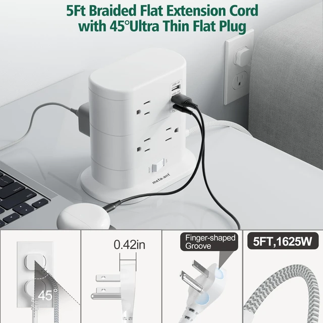 Alt view image 4 of 7 - 10 in 1 Surge Protector Power Strip Tower - 5Ft Flat Plug Extension Cord with 7 Outlets 3 USB Ports (1 USB C), Desk Power Strips with Surge Protection for Home Office Supplies Dorm Room Essentials