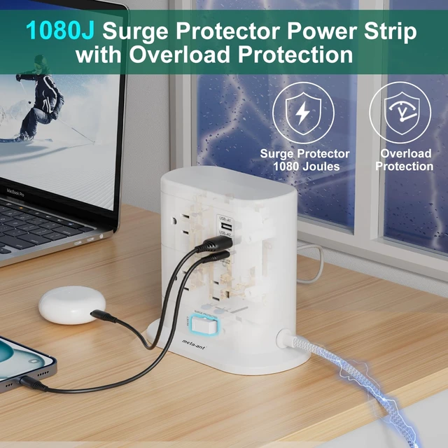 Alt view image 5 of 7 - 10 in 1 Surge Protector Power Strip Tower - 5Ft Flat Plug Extension Cord with 7 Outlets 3 USB Ports (1 USB C), Desk Power Strips with Surge Protection for Home Office Supplies Dorm Room Essentials