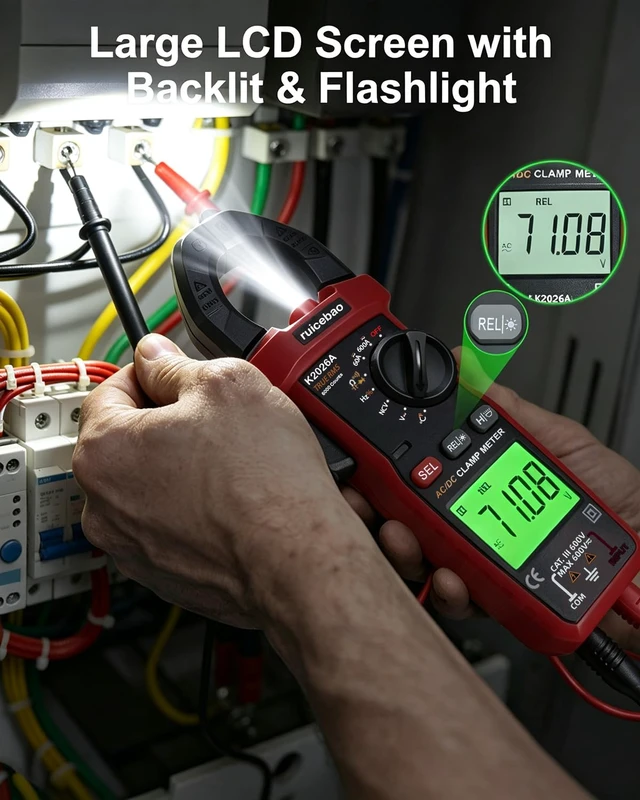 Alt view image 6 of 7 - Digital Clamp Meter, 6000 Counts, Measures High AC/DC Current 600A, 600V AC/DC Voltage, Multimeter, Voltage Meter, Backlit Display, Amp Meter, Electrician Tools, with Alligator Clips