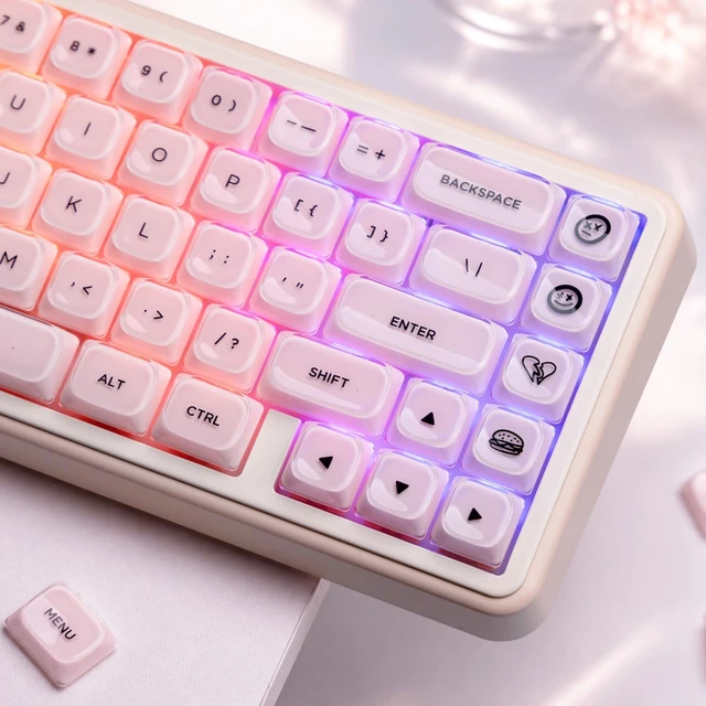 Main image of Low Profile Keycaps, Jelly Pink Keycaps, Shine Through Key caps | 127 Keys Custom Keycaps for Mechanical Keyboard 60% 65% 75% 80% 100% Cherry Gateron MX Switches