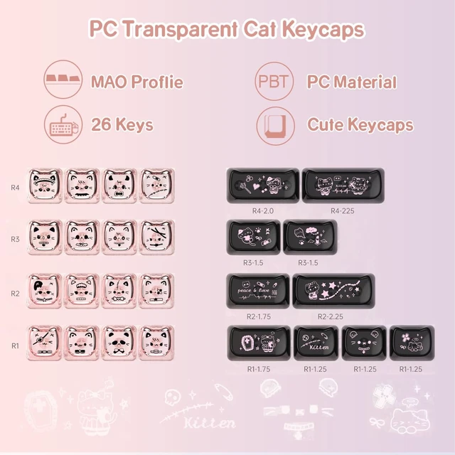 Alt view image 2 of 7 - 26 Keys Crystal Jelly Personalized Keycaps, PC Material Cute Keycaps | Black Pink Cat Transparent Custom Mao Profile Keycap for DIY MX Switches Mechanical Keyboards