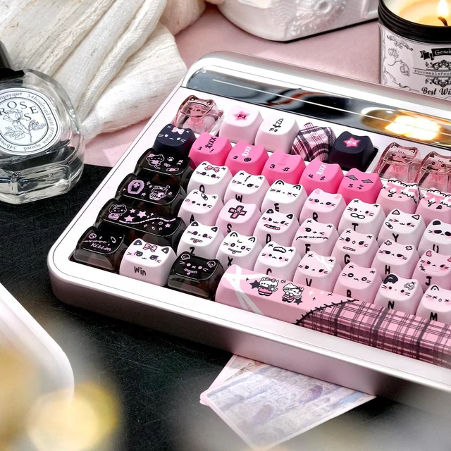 Alt view image 3 of 7 - 26 Keys Crystal Jelly Personalized Keycaps, PC Material Cute Keycaps | Black Pink Cat Transparent Custom Mao Profile Keycap for DIY MX Switches Mechanical Keyboards