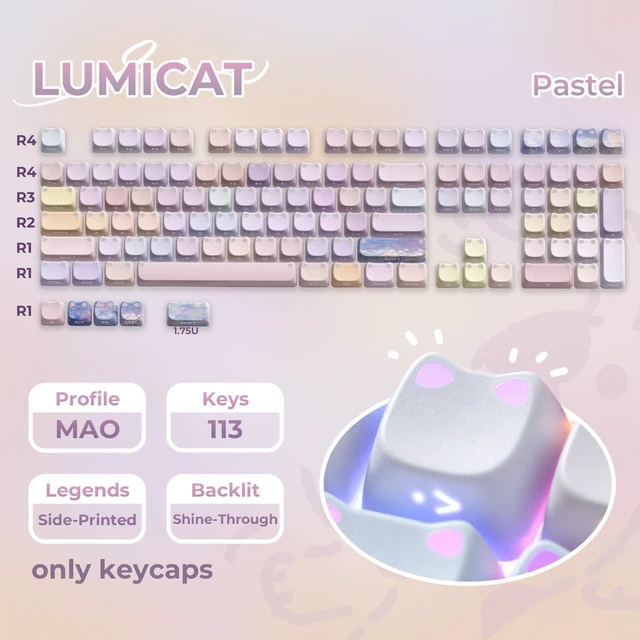 Alt view image 6 of 7 - XVX Cute Shine Through Lumicat Keycaps, Mao Profile Purple PBT Keycaps for Mechanical Keyboard, Meow Meow Keyboard Keycap Sets Compatible with 65% 75% 96% 100% Cherry Gateron MX Switches Keyboards