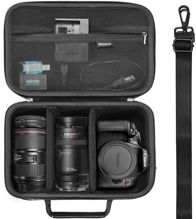 Main image of Hard Carrying Case Compatible with Canon EOS Rebel T7/ T100/ T6/ R100/ R50/ R5/ R7/ R8, for Sony, for Nikon Camera. Large Capacity Camera Bag for Lens, Cables, Cards and Accessories. - Black