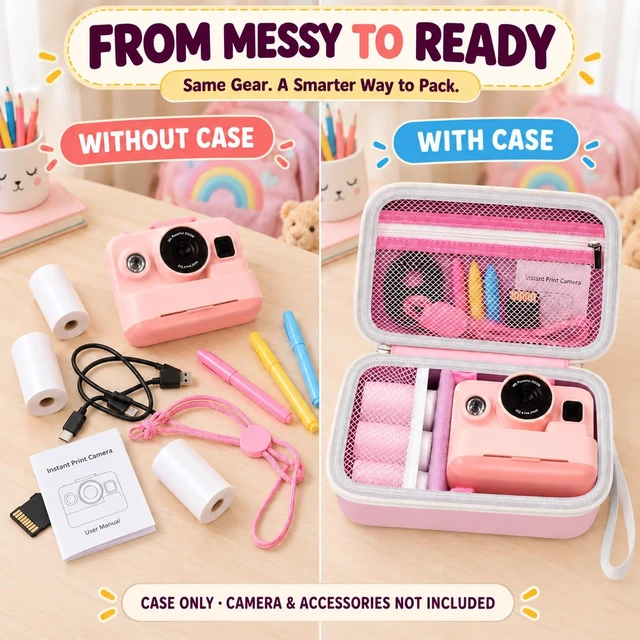 Alt view image 2 of 7 - Kids Instant Print Camera Case for DYLANTO for ESOXOFFORE Cameras | Portable Digital Camera Case Organizer for ETIKEZ for YTETCN for DUDUDRAGON with Pocket for Accessories (Box Only)-Pink