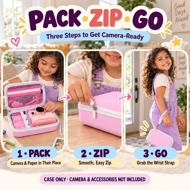 Alt view image 7 of 7 - Kids Instant Print Camera Case for DYLANTO for ESOXOFFORE Cameras | Portable Digital Camera Case Organizer for ETIKEZ for YTETCN for DUDUDRAGON with Pocket for Accessories (Box Only)-Pink