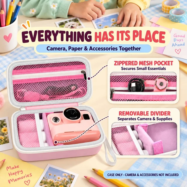 Alt view image 4 of 7 - Kids Instant Print Camera Case for DYLANTO for ESOXOFFORE Cameras | Portable Digital Camera Case Organizer for ETIKEZ for YTETCN for DUDUDRAGON with Pocket for Accessories (Box Only)-Pink