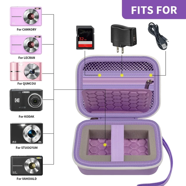 Alt view image 2 of 7 - Digital Camera Case for Kodak PIXPRO FZ45 FZ55 for Travel, Purple | Fits Cameras up to 4.33 x 3.07 x 2.3 in, Pre-Cut Foam, Elastic Strap&Hand Strap, Mesh Pocket for Accessories, Case Only