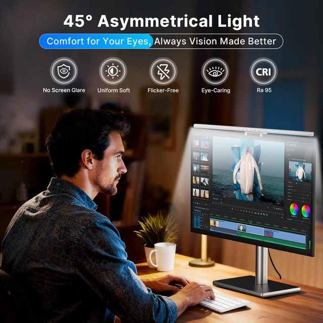 Alt view image 2 of 7 - LED Monitor Light Bar, Computer Monitor Lamp for Home Office & Gaming | Backlight, CRI95+, 1200Lux, No Screen Glare, 5 CCT & 5 Brightness Levels, Touch & Gesture Control for Flat & Curved Monitors