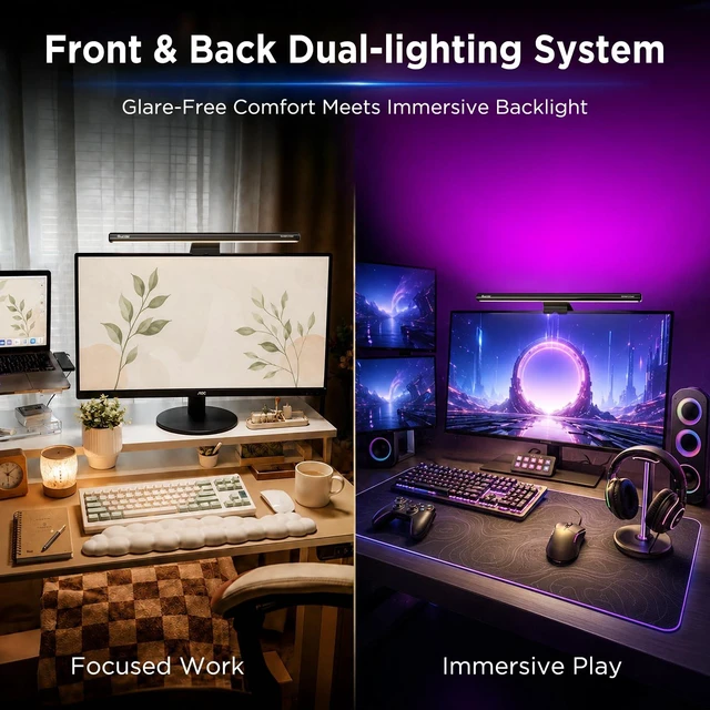 Alt view image 2 of 7 - Monitor Light Bar 15.7 Inch, Eye Care Dual Light with 24 RGB Modes | 9 Static & 15 Dynamic Backlight, Up to 900 Lux Glare-Free Front Light, Ra95 Eye Care for WFH, Gaming, Desk Lamp for Dorm