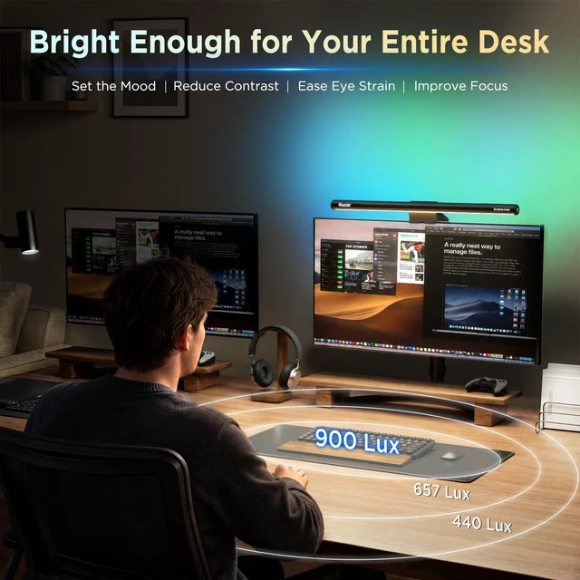 Alt view image 3 of 7 - Monitor Light Bar 15.7 Inch, Eye Care Dual Light with 24 RGB Modes | 9 Static & 15 Dynamic Backlight, Up to 900 Lux Glare-Free Front Light, Ra95 Eye Care for WFH, Gaming, Desk Lamp for Dorm