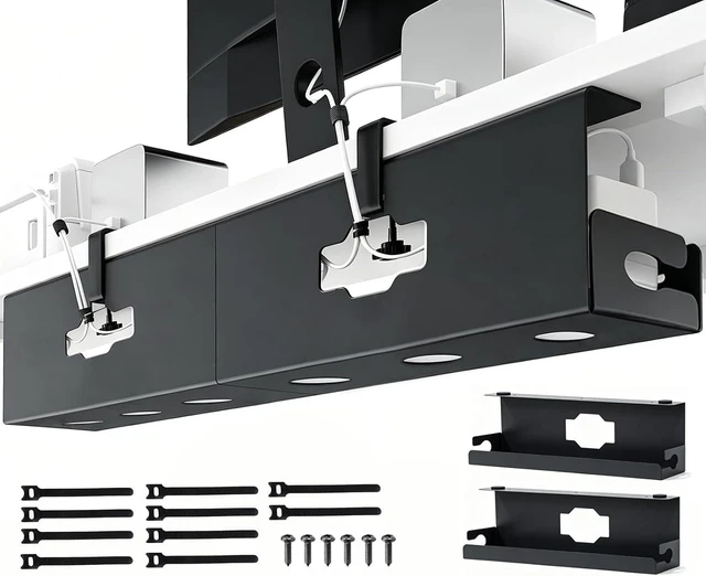 Main image of 2 Pack Under Desk Cable Management Tray, 32.2" Steel Cord Organizer, Black | Clip-on and Screw-Mount Desk Organizer Under Desk Storage Cable Management Box