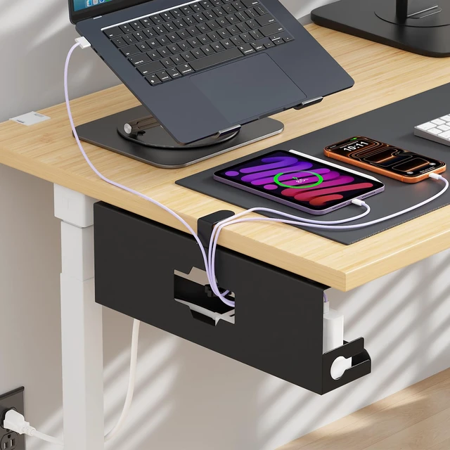 Alt view image 7 of 7 - 2 Pack Under Desk Cable Management Tray, 32.2" Steel Cord Organizer, Black | Clip-on and Screw-Mount Desk Organizer Under Desk Storage Cable Management Box