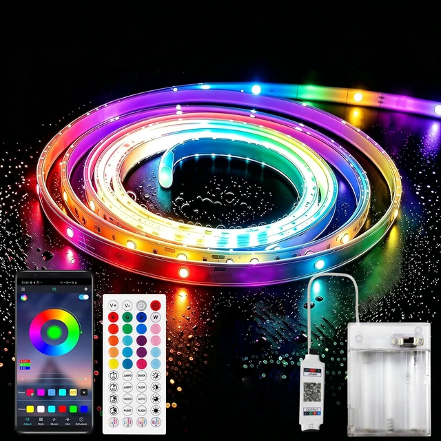 Main image of Waterproof Battery Powered 6.6ft RGB LED Strip Lights, with 44-Key Remote and APP Control & Music Sync Mode, Color Changing Smart Light Strip for Dorm TV Backlight Bedroom Party Decor