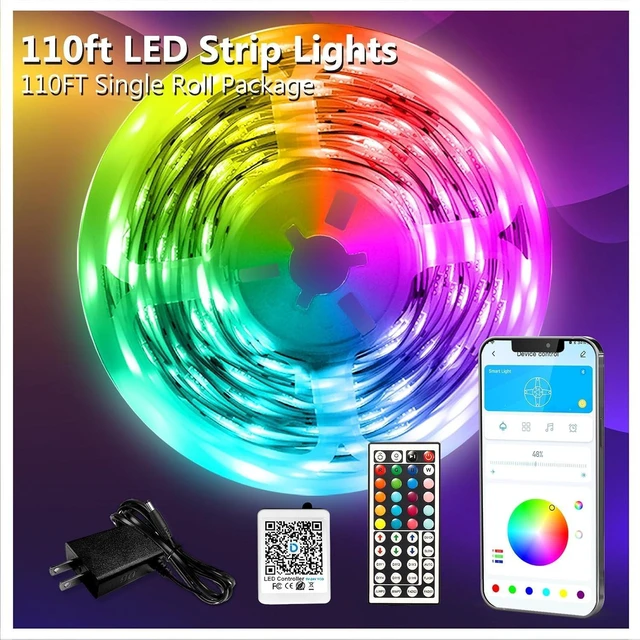 Alt view image 2 of 7 - LED Strip Lights 110ft RGB Music Sync Smart App Control 1 Roll | Bluetooth Color Changing, 44-key Remoter Timer Memory Cuttable Strong Adhesive for Bedroom Kitchen Party Wall Decor
