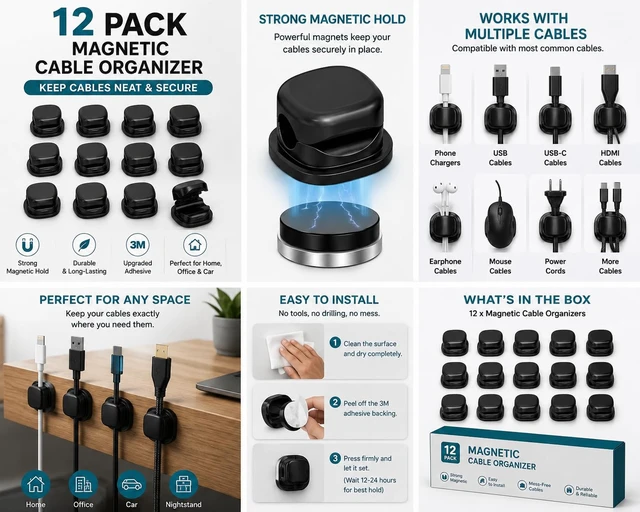 Alt view image 2 of 6 - Magnetic Cable Clips, 8 Pack Adhesive Cord Holder for Desk and Nightstand, Cable Organizer for Phone Charger, USB and Charging Cords, Black