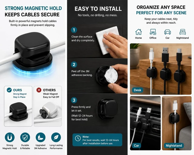 Alt view image 3 of 6 - Magnetic Cable Clips, 8 Pack Adhesive Cord Holder for Desk and Nightstand, Cable Organizer for Phone Charger, USB and Charging Cords, Black