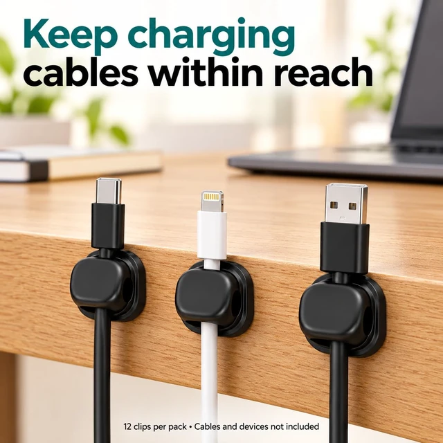 Alt view image 4 of 6 - Magnetic Cable Clips, 8 Pack Adhesive Cord Holder for Desk and Nightstand, Cable Organizer for Phone Charger, USB and Charging Cords, Black