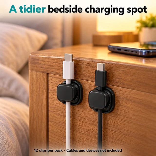 Alt view image 5 of 6 - Magnetic Cable Clips, 8 Pack Adhesive Cord Holder for Desk and Nightstand, Cable Organizer for Phone Charger, USB and Charging Cords, Black