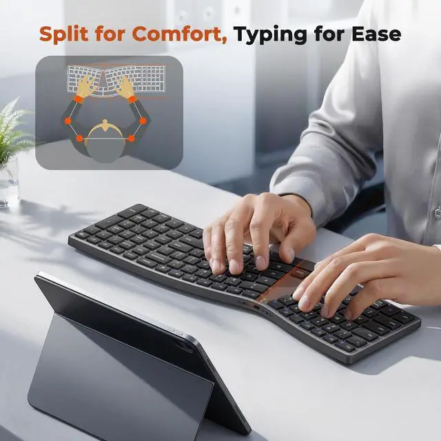 Alt view image 3 of 7 - Wireless Ergonomic Keyboard, Split S-Curve, Bluetooth & 2.4G, Black
