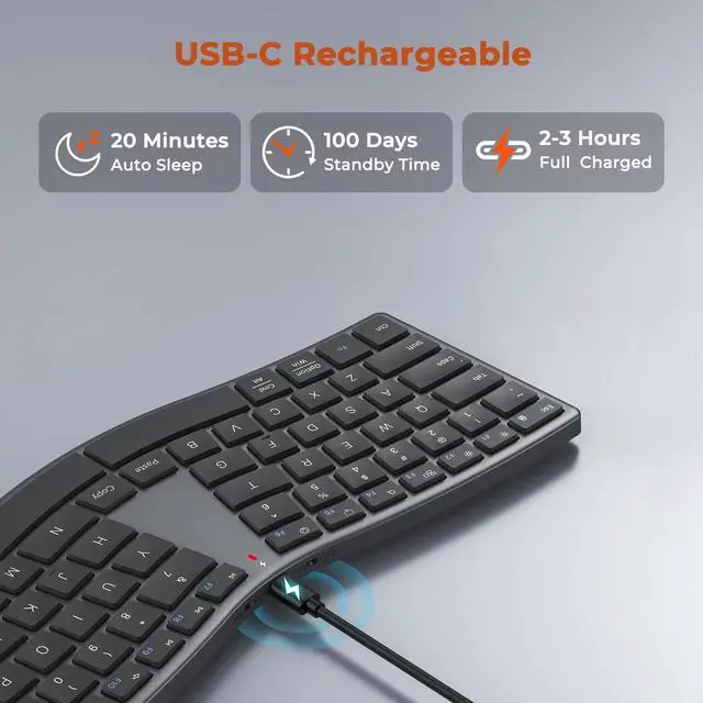 Alt view image 5 of 7 - Wireless Ergonomic Keyboard, Split S-Curve, Bluetooth & 2.4G, Black