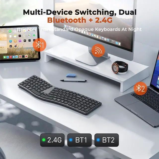 Alt view image 4 of 7 - Wireless Ergonomic Keyboard, Split S-Curve, Bluetooth & 2.4G, Black