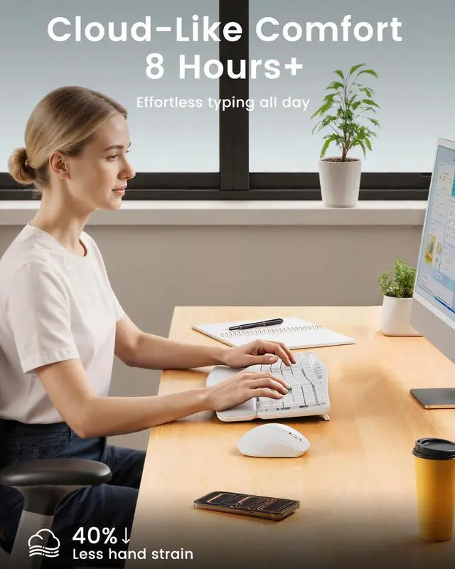 Alt view image 5 of 7 - White Wireless Keyboard and Mouse Combo for MacBook & Windows, 30dB Quiet Ergonomic Keyboard Set with Wave Keys & Soft Palm Rest, Silent Typing, Dual-System Switch, Ideal for Home OfficeSablute