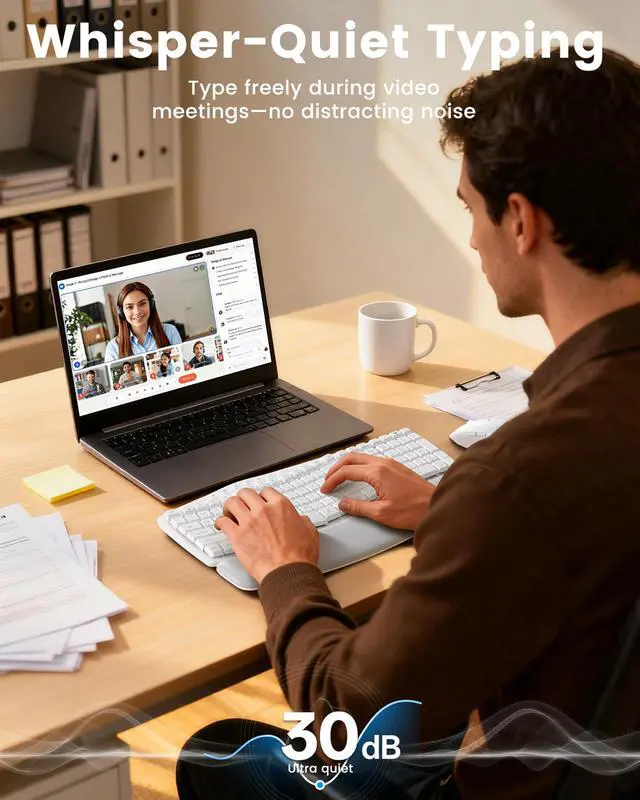 Alt view image 3 of 7 - White Wireless Keyboard and Mouse Combo for MacBook & Windows, 30dB Quiet Ergonomic Keyboard Set with Wave Keys & Soft Palm Rest, Silent Typing, Dual-System Switch, Ideal for Home OfficeSablute