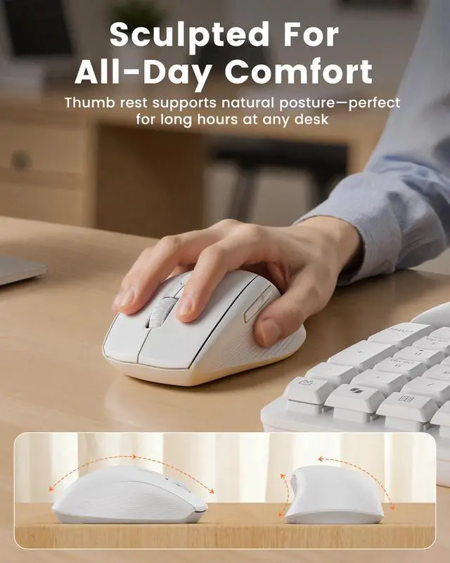 Alt view image 7 of 7 - White Wireless Keyboard and Mouse Combo for MacBook & Windows, 30dB Quiet Ergonomic Keyboard Set with Wave Keys & Soft Palm Rest, Silent Typing, Dual-System Switch, Ideal for Home OfficeSablute