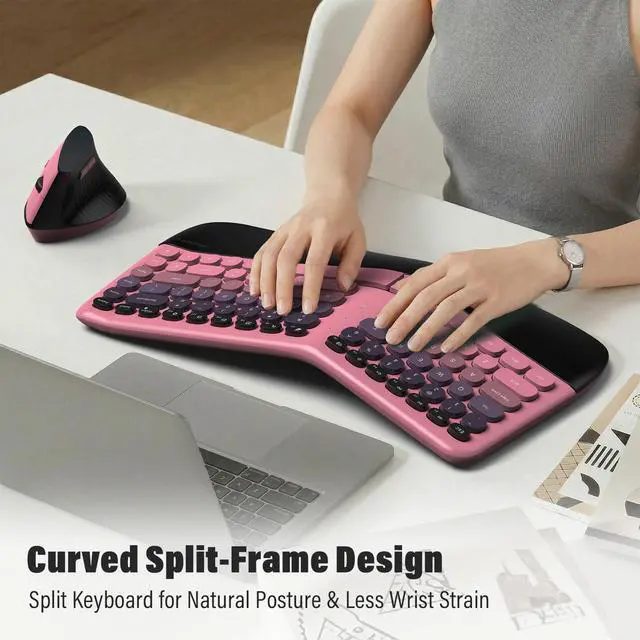 Alt view image 2 of 7 - Wireless Ergonomic Keyboard and Mouse Combo, Split Curved Keyboard with Wrist Rest, Vertical Mouse, 2.4G, for PC Laptop Desktop Mac- Pink Gradient Colorful
