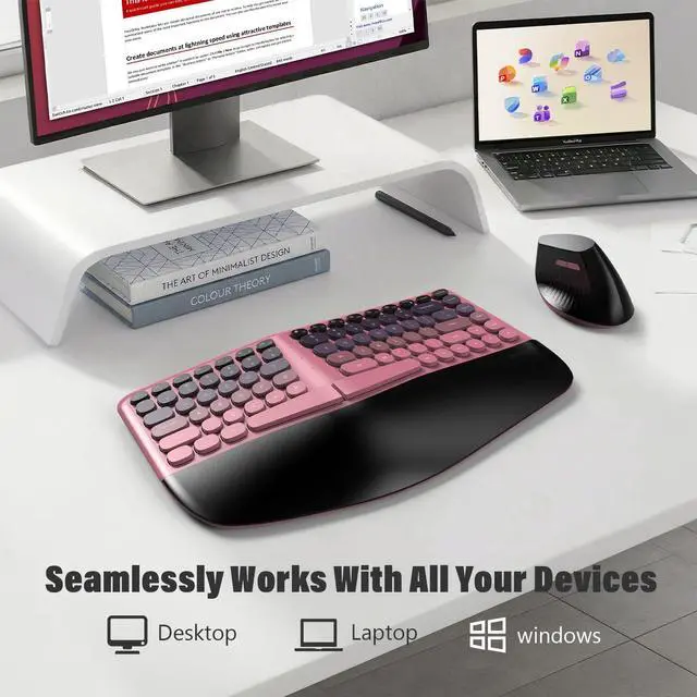 Alt view image 6 of 7 - Wireless Ergonomic Keyboard and Mouse Combo, Split Curved Keyboard with Wrist Rest, Vertical Mouse, 2.4G, for PC Laptop Desktop Mac- Pink Gradient Colorful