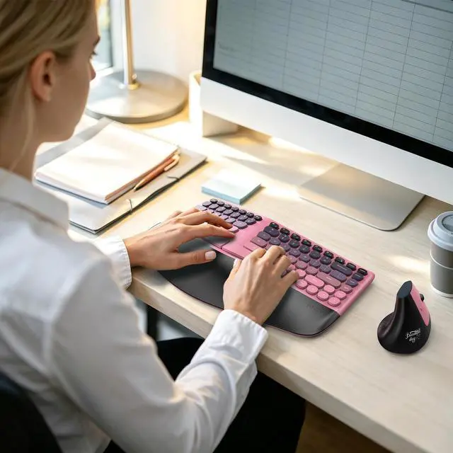 Alt view image 7 of 7 - Wireless Ergonomic Keyboard and Mouse Combo, Split Curved Keyboard with Wrist Rest, Vertical Mouse, 2.4G, for PC Laptop Desktop Mac- Pink Gradient Colorful