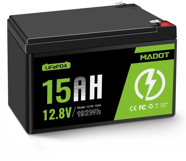 Main image of MADOT 12V 15Ah Lithium LiFePO4 Battery, 192Wh, BMS, 2000+ Cycles Rechargeable Lithium Iron Phosphate Battery for Scooter, Camping, Lighting, Power Wheels, Fish Finder