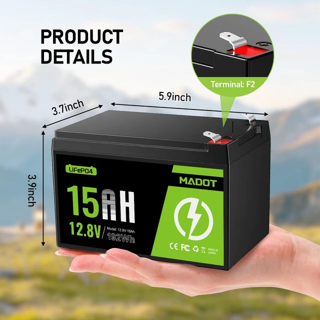 Alt view image 4 of 4 - MADOT 12V 15Ah Lithium LiFePO4 Battery, 192Wh, BMS, 2000+ Cycles Rechargeable Lithium Iron Phosphate Battery for Scooter, Camping, Lighting, Power Wheels, Fish Finder