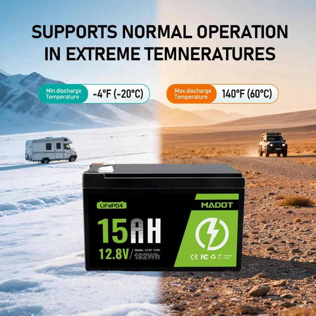Alt view image 2 of 4 - MADOT 12V 15Ah Lithium LiFePO4 Battery, 192Wh, BMS, 2000+ Cycles Rechargeable Lithium Iron Phosphate Battery for Scooter, Camping, Lighting, Power Wheels, Fish Finder