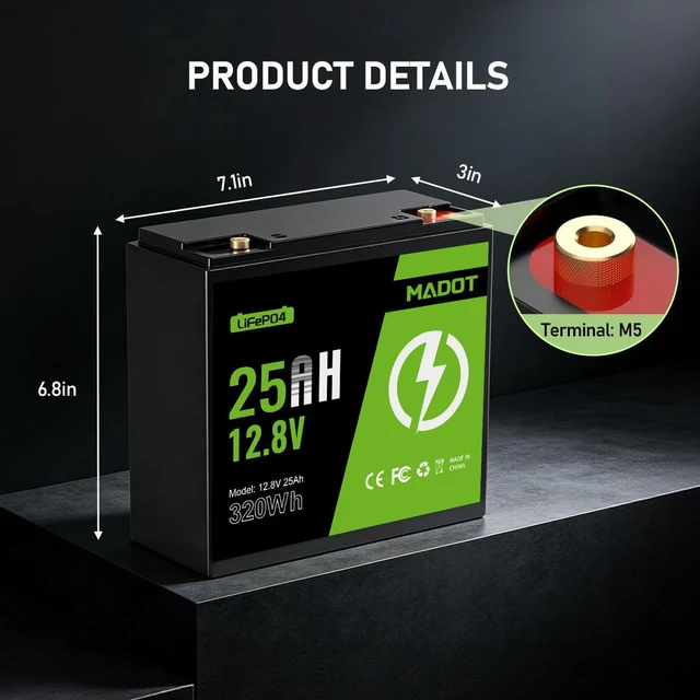 Alt view image 5 of 5 - MADOT 12V 25AH LiFePO4 Battery 320Wh BMS 3000+ Cycles for UPS/Alarm