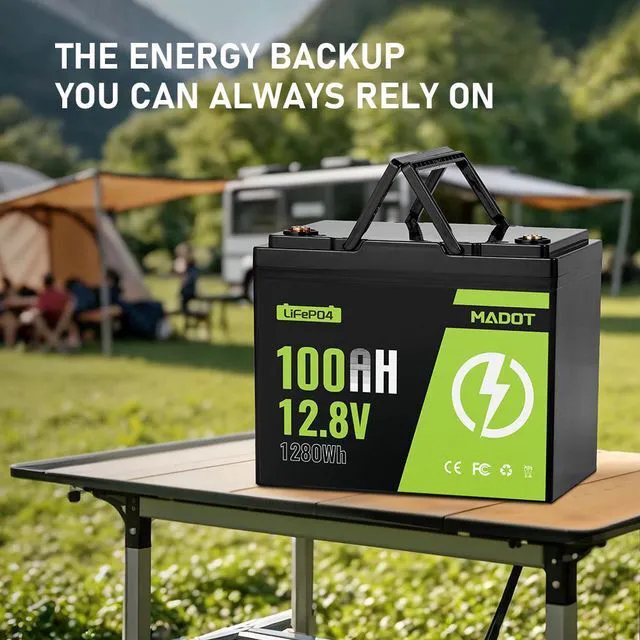 Alt view image 5 of 7 - MADOT 12V 100Ah LiFePO4 Battery, Smart BMS & Low Temp Cut-Off, Lithium 1280Wh 5000 Cycles, Lightweight Replacement for RV, Solar, Marine, Home Backup, Trolling Motor, Off-Grid