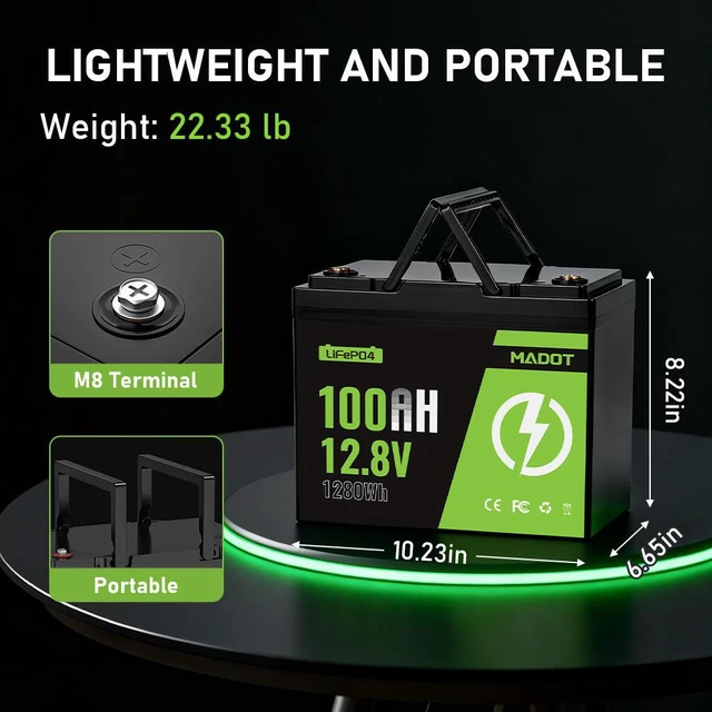Alt view image 4 of 7 - MADOT 12V 100Ah LiFePO4 Battery, Smart BMS & Low Temp Cut-Off, Lithium 1280Wh 5000 Cycles, Lightweight Replacement for RV, Solar, Marine, Home Backup, Trolling Motor, Off-Grid