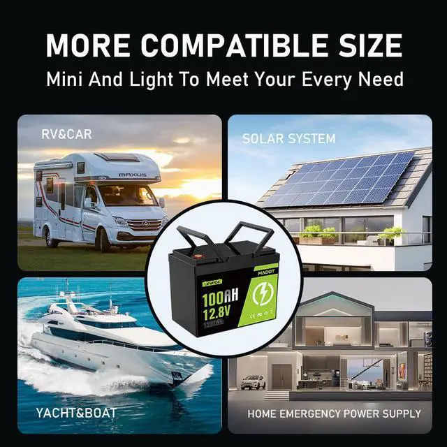 Alt view image 7 of 7 - MADOT 12V 100Ah LiFePO4 Battery, Smart BMS & Low Temp Cut-Off, Lithium 1280Wh 5000 Cycles, Lightweight Replacement for RV, Solar, Marine, Home Backup, Trolling Motor, Off-Grid