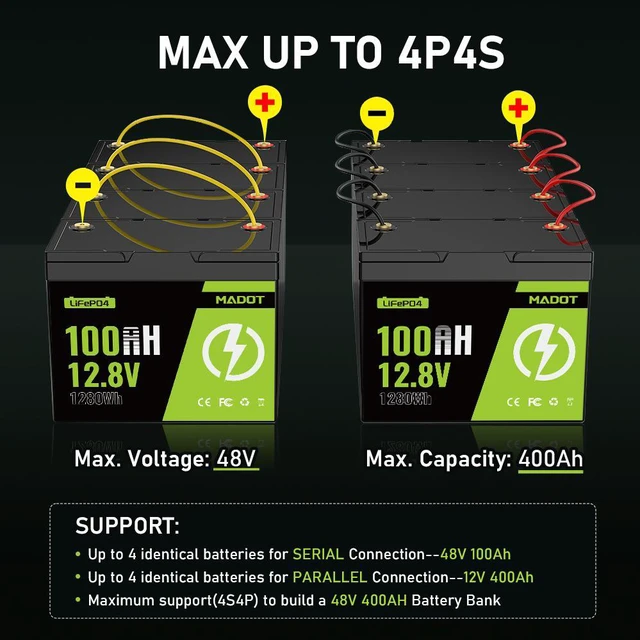 Alt view image 2 of 7 - MADOT 12V 100Ah LiFePO4 Battery, Smart BMS & Low Temp Cut-Off, Lithium 1280Wh 5000 Cycles, Lightweight Replacement for RV, Solar, Marine, Home Backup, Trolling Motor, Off-Grid