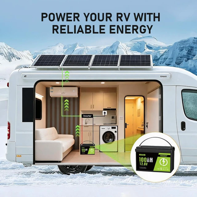 Alt view image 7 of 7 - MADOT 12V 100Ah LiFePO4 Battery, 1280Wh Lithium Battery Group 31 Smart 100A BMS, 5000+ Deep Cycles, Low Temp Protection Lightweight Max 4P4S 1280Wh for Trolling Motor, RVs, Marine, Off-Grid