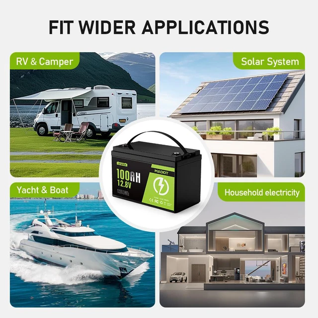 Alt view image 3 of 7 - MADOT 12V 100Ah LiFePO4 Battery, 1280Wh Lithium Battery Group 31 Smart 100A BMS, 5000+ Deep Cycles, Low Temp Protection Lightweight Max 4P4S 1280Wh for Trolling Motor, RVs, Marine, Off-Grid