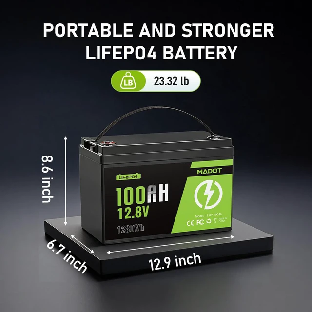 Alt view image 4 of 7 - MADOT 12V 100Ah LiFePO4 Battery, 1280Wh Lithium Battery Group 31 Smart 100A BMS, 5000+ Deep Cycles, Low Temp Protection Lightweight Max 4P4S 1280Wh for Trolling Motor, RVs, Marine, Off-Grid
