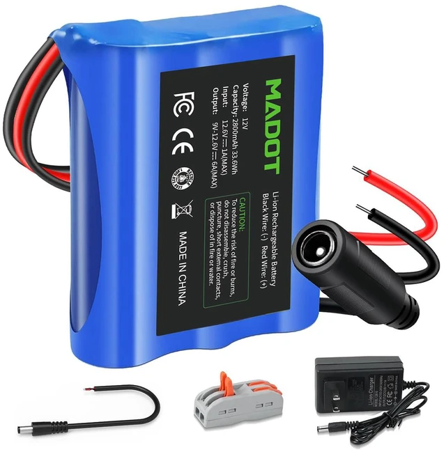 Main image of MADOT 2V 2800mAh Rechargeable Li-ion Battery Pack with Charger, Bare Leads Wire Lithium Replacement Batteries for DIY, RC Car, LED Light Strip, Power Tool Accessories & 12V Devices