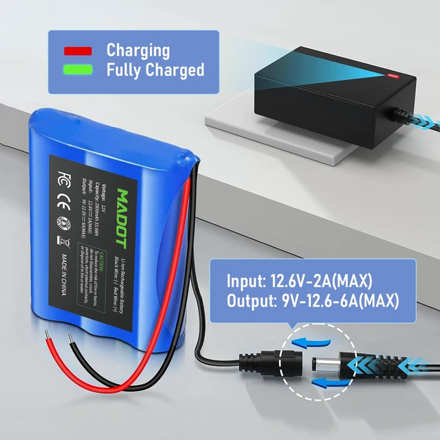 Alt view image 2 of 6 - 2-Pack 12V 2800mAh Rechargeable Li-ion Battery Packs, with Charger & Bare Leads Wire, Replacement for RC Car, DIY Project Power Tool Accessories