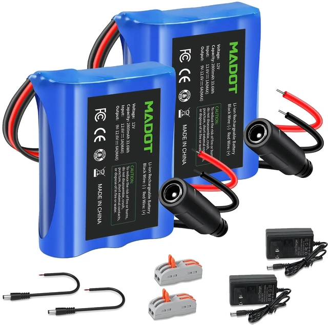 Main image of 2-Pack 12V 2800mAh Rechargeable Li-ion Battery Packs, with Charger & Bare Leads Wire, Replacement for RC Car, DIY Project Power Tool Accessories